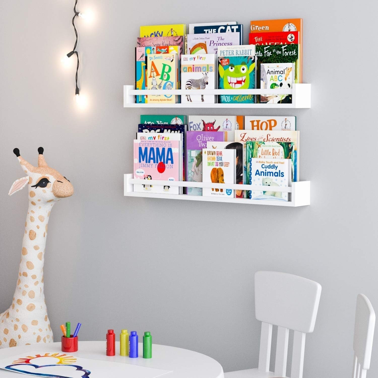 32" Wood Floating Bookshelves with Safety Rails for Toddler's Room - Set of 2