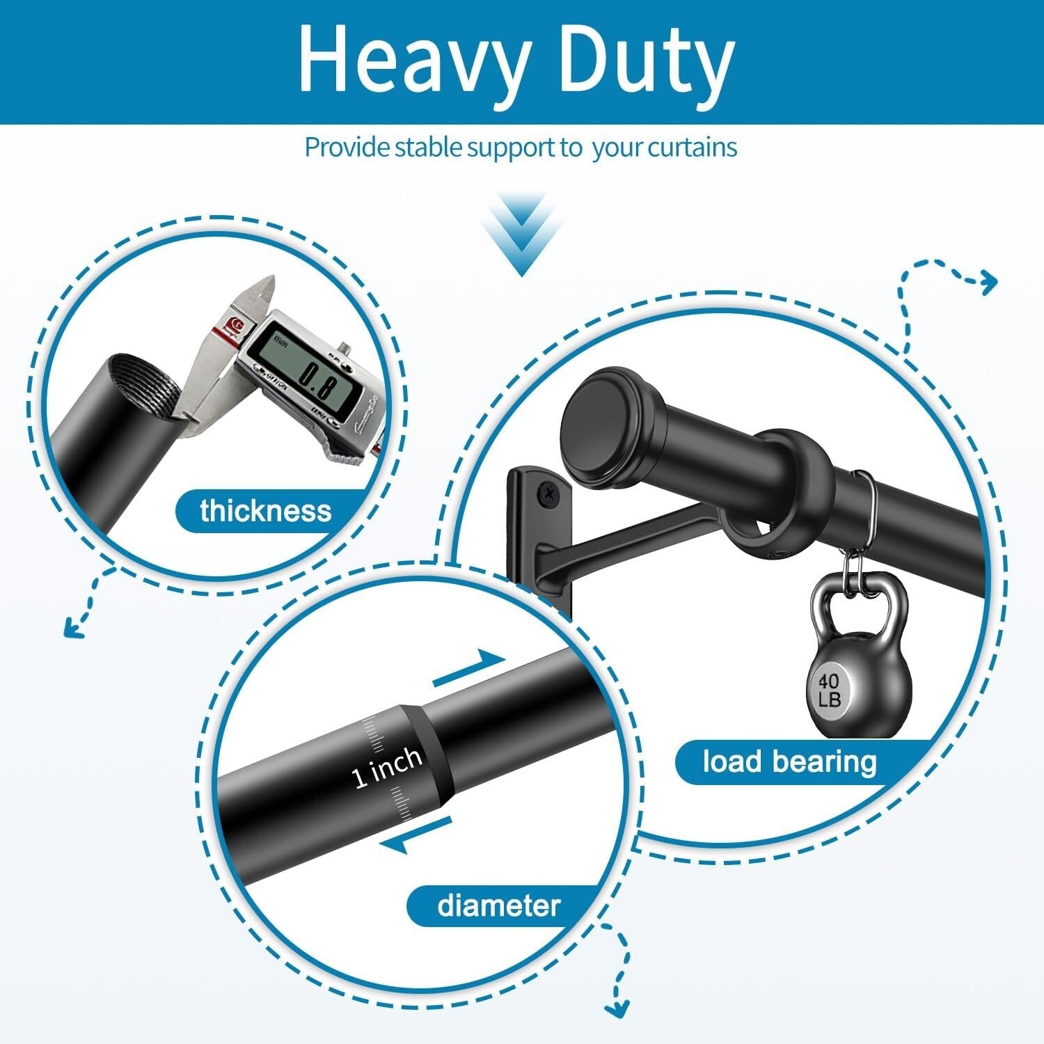 Adjustable 1-Inch Blackout Curtain Rods for Indoor and Outdoor Windows, 48-86"