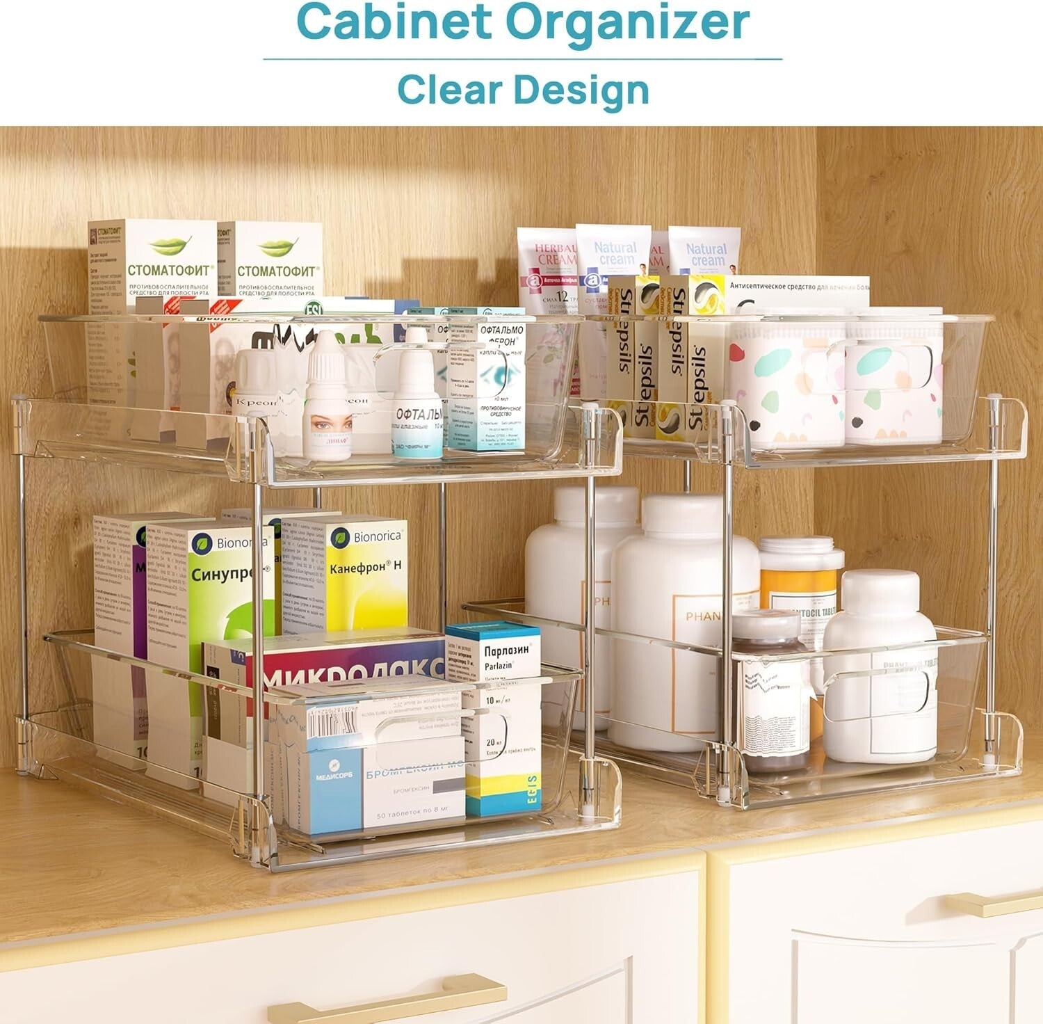 4 Pack 2-Tier Clear Organizers with Stainless Steel Frame - Easy Pull-Out Access
