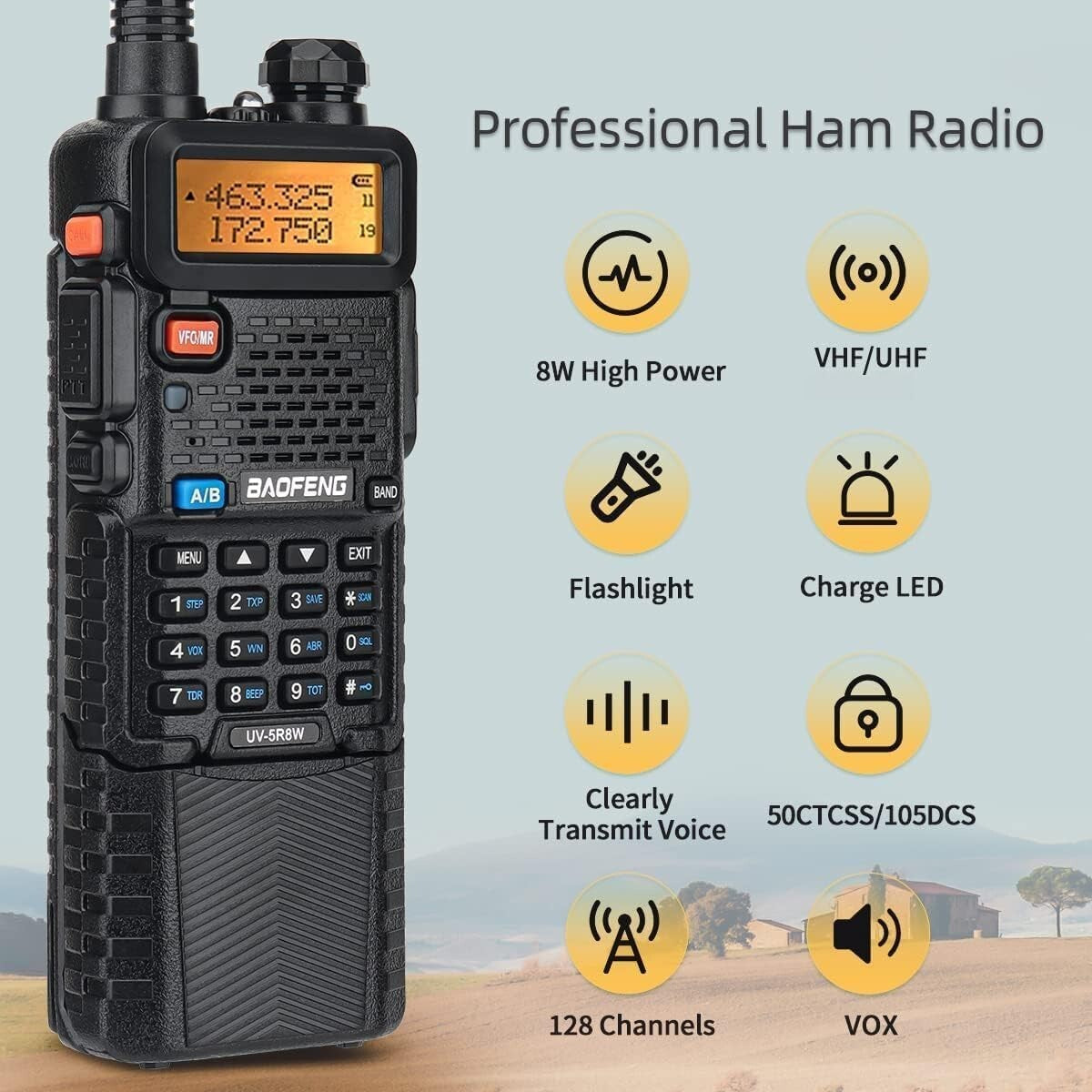 High Power UV-5R Handheld Radio: 8W Transmission, USB Charging + Earpiece Bundle
