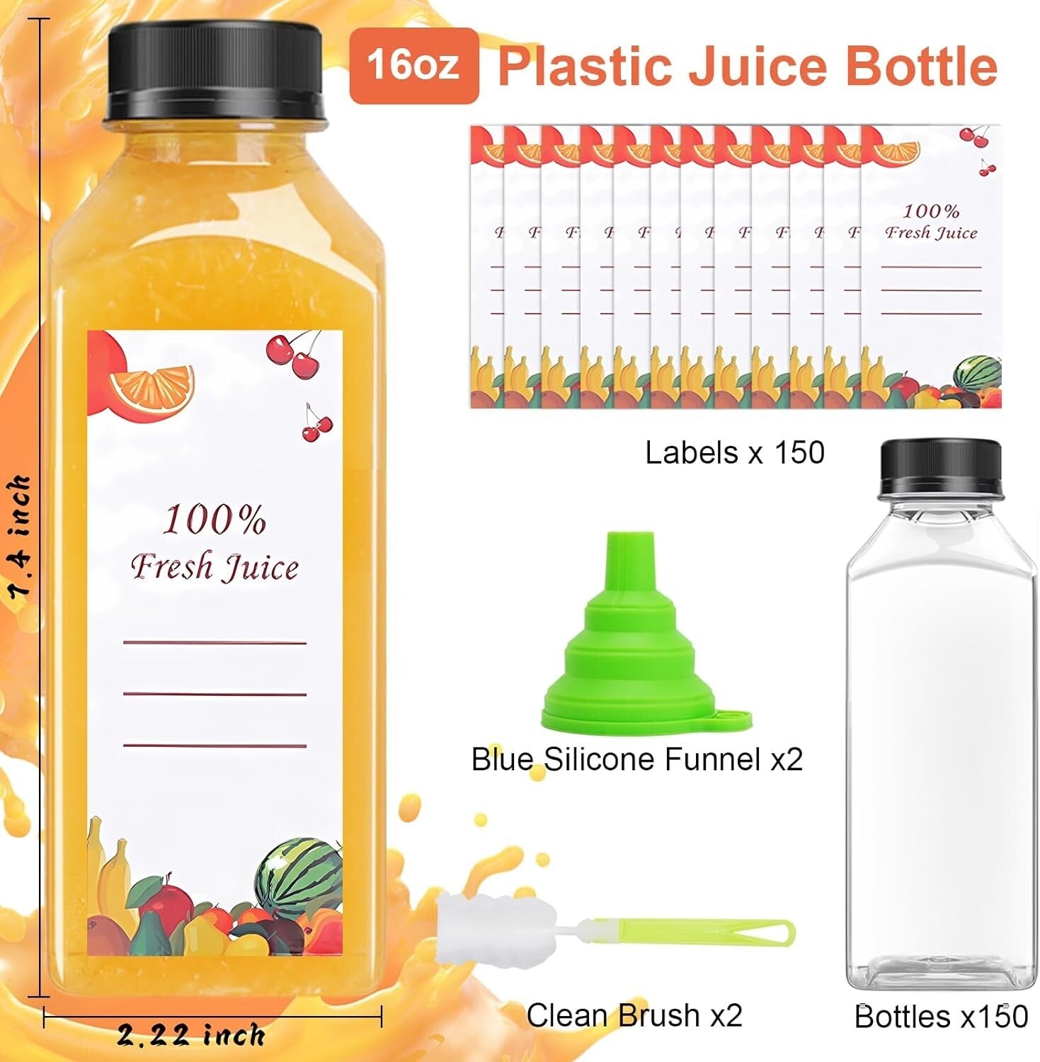 16oz Wide Mouth Juice Bottles - 80 Reusable Clear Plastic Containers for Parties