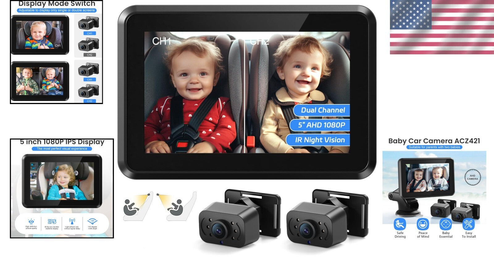 Easy Install Baby Car Camera with 1080P Display - For Safe Travels with Twins