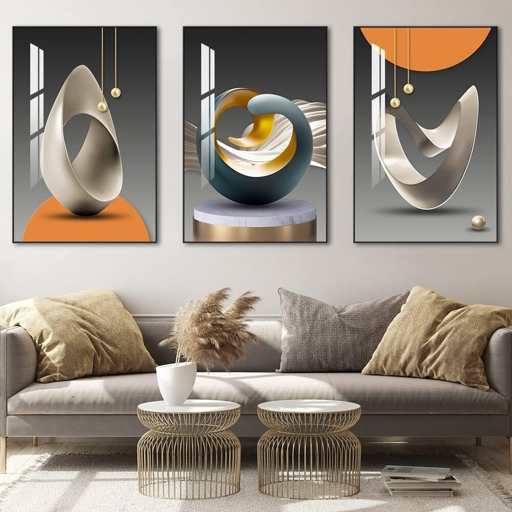 Framed Abstract Wall Art Trio - 24x32 Panels in Blue & Yellow for Home Decor