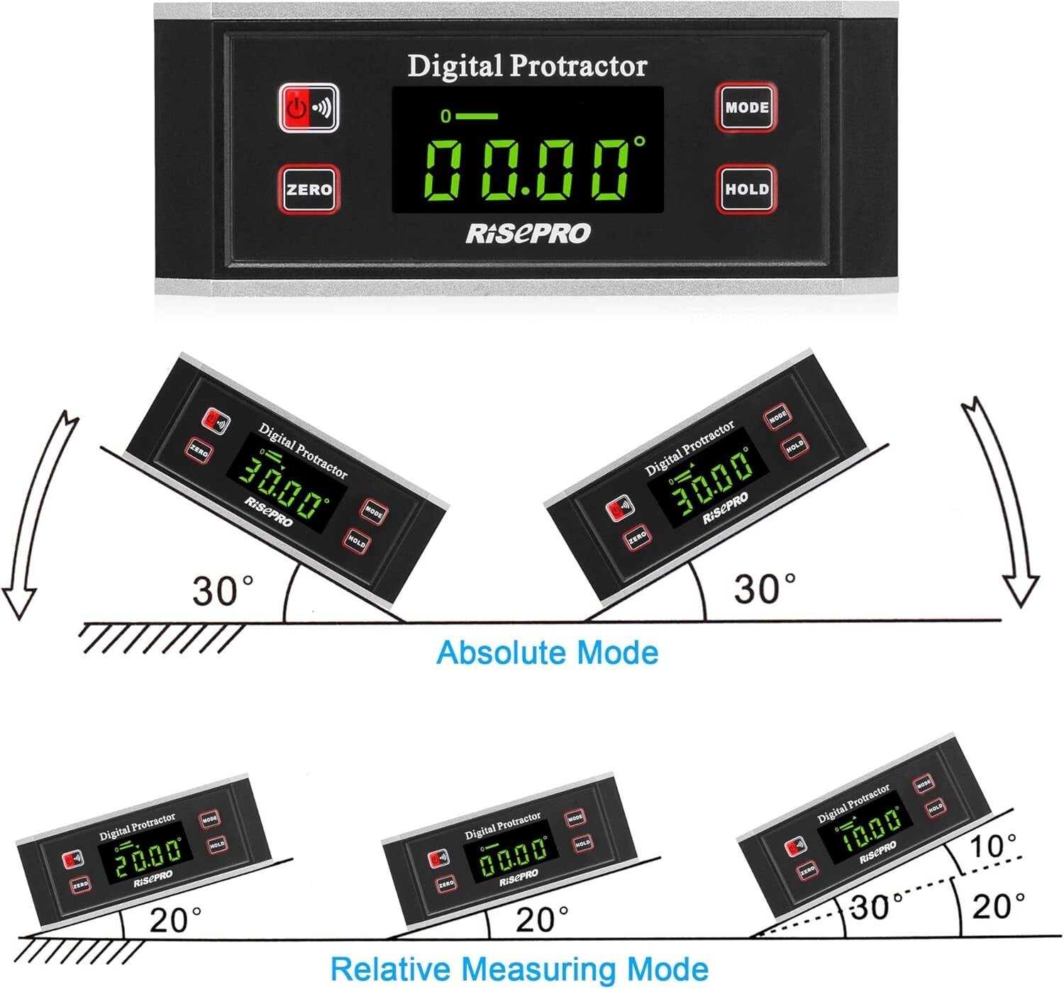 Heavy-Duty Inclinometer & Protractor with Magnetic V-Groove and Lighted Screen