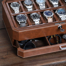 Load image into Gallery viewer, 12 Slot Leather Watch Box &amp; Slide Out Drawer - Luxury Organizer in Tan/Brown