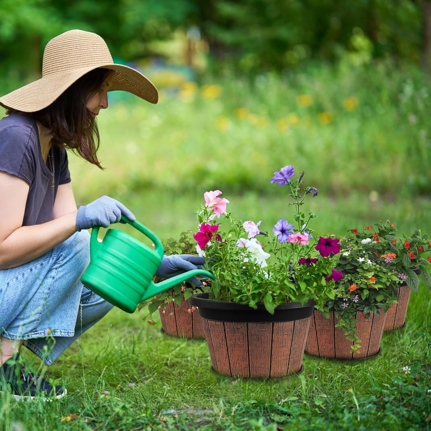 12-Inch Whiskey Barrel Plant Pots - Outdoor & Indoor Planters with Trays