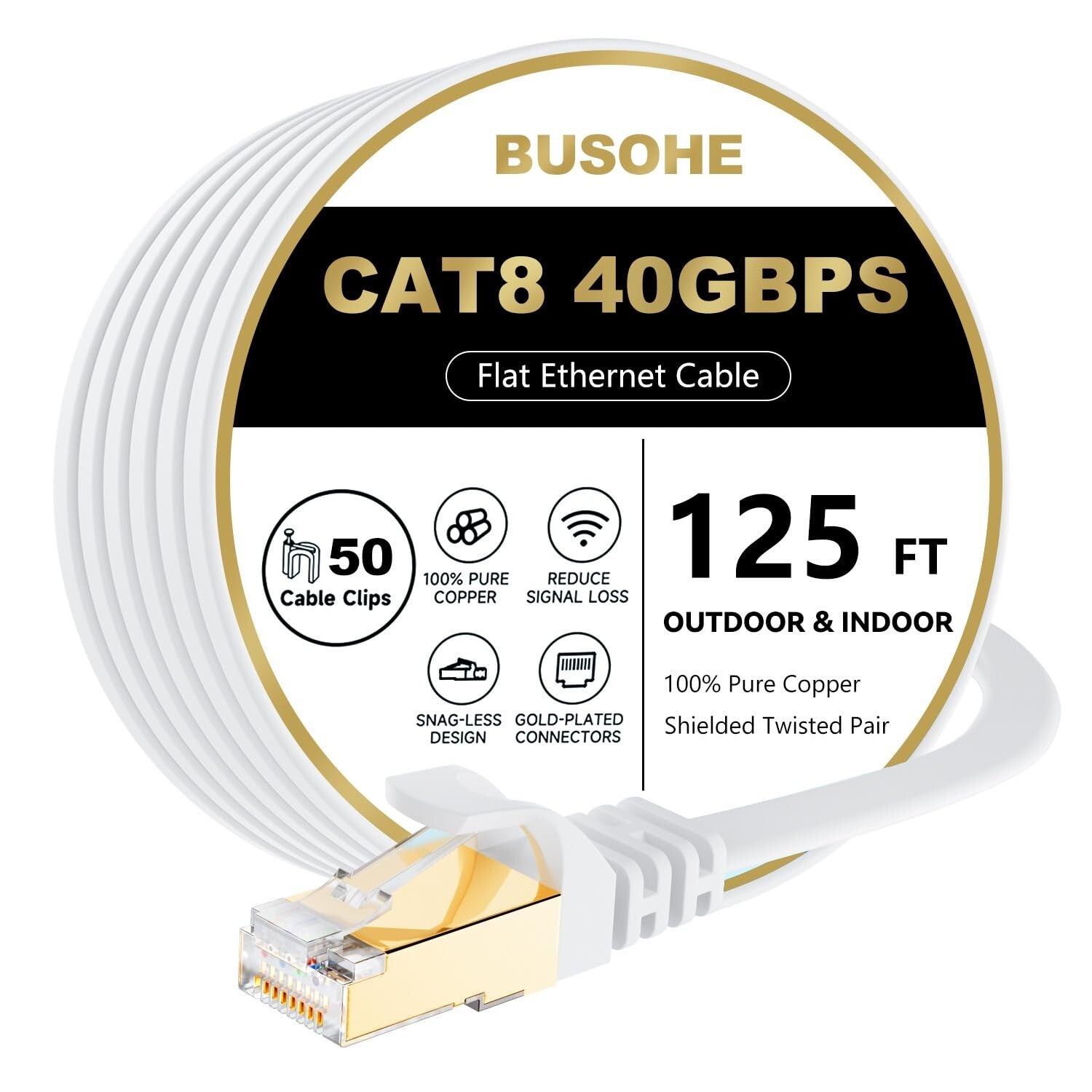 Durable 125 FT Cat 8 Ethernet Cable with Gold-Plated Connectors - Indoor/Outdoor