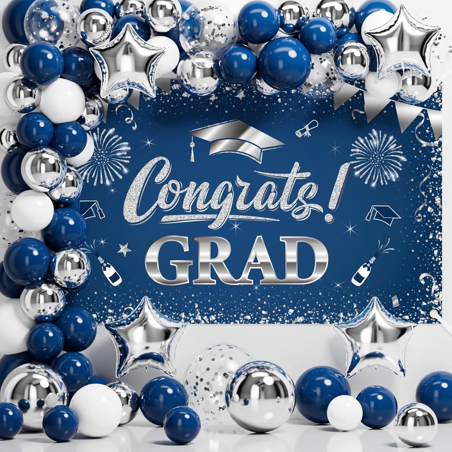 2025 Graduation Party Supplies Set - 245 PCS for 25 Guests in Navy Blue & Silver