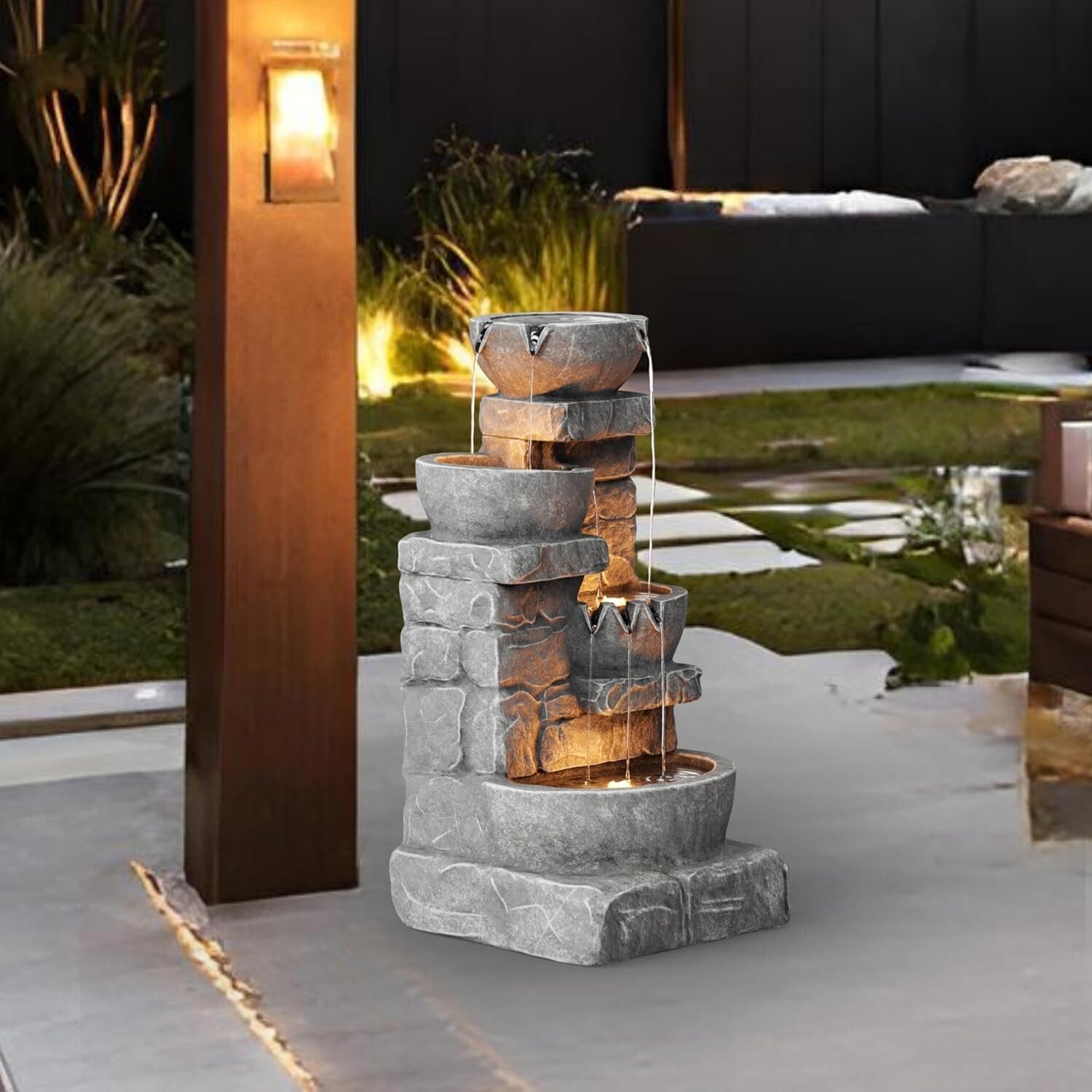 Elegant 33.25" LED Water Fountain with Cascading Bowls for Patios and Gardens