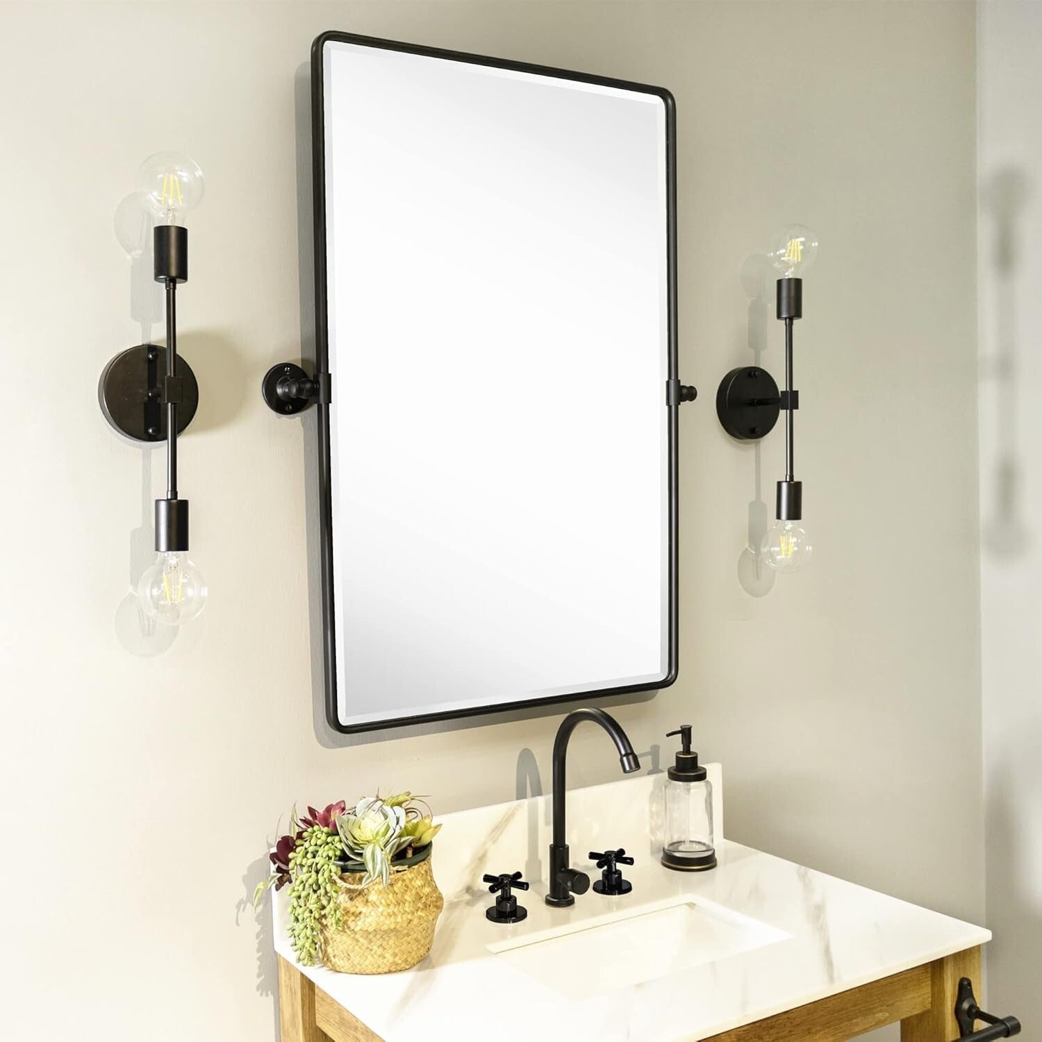 Beveled Rectangular Black Metal Framed Bathroom Mirror - 30x20" Tilting Design