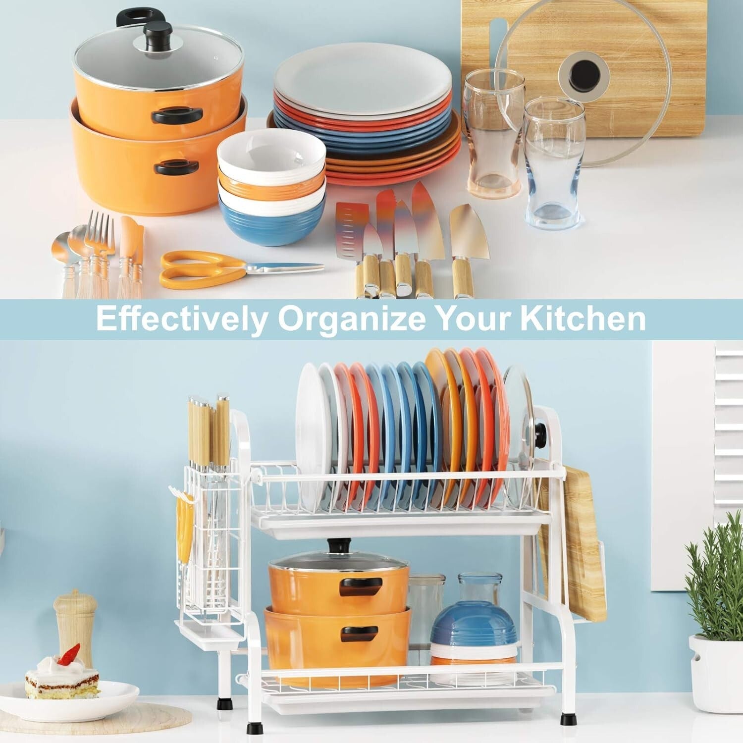 Durable Stainless Steel Dish Drying Rack - 2 Tiers with Utensil & Knife Storage