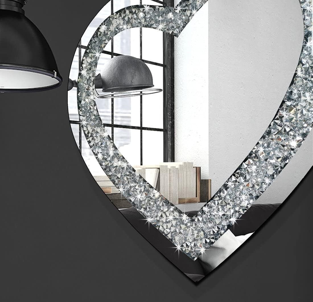 Stunning 24" Frameless Heart-Shaped Mirror with Acrylic Diamonds - Home Decor