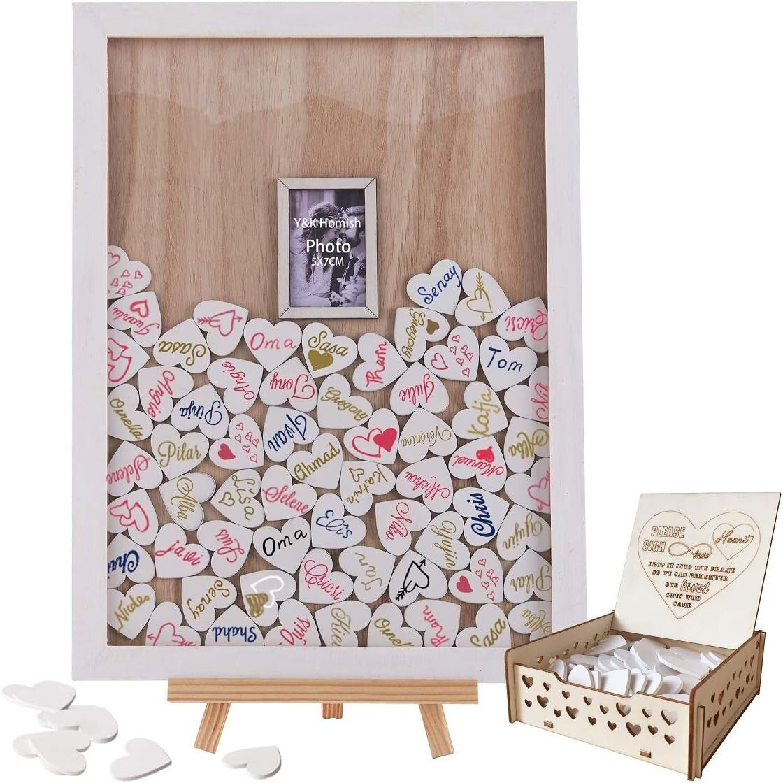 Art Deco Wedding Guest Book Frame with Natural Finish and Signing Hearts