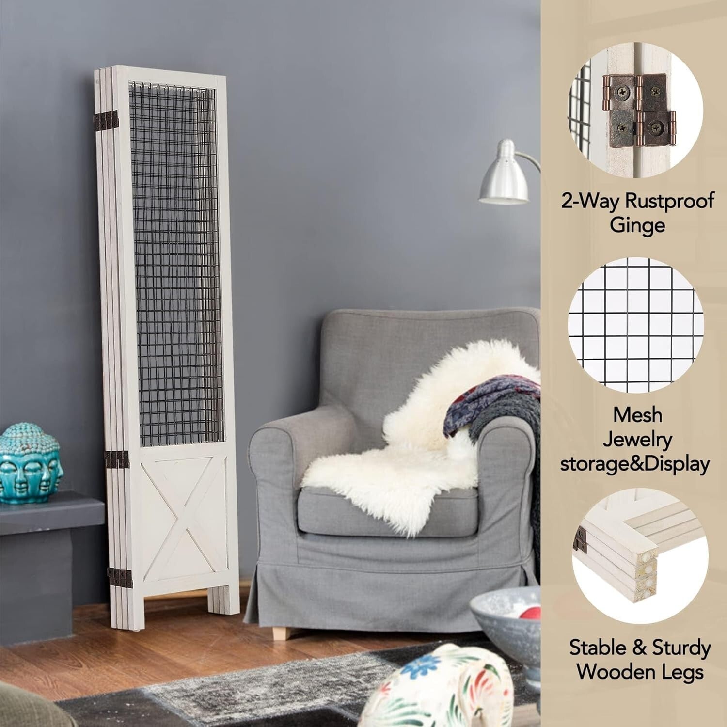 Multi-Use White Wood Room Divider & Display Board - 4 Panel Freestanding Design