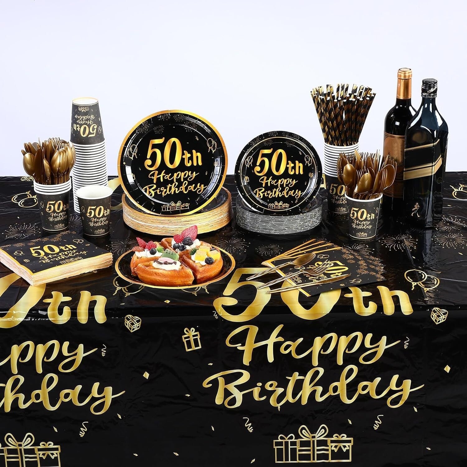 452 Pcs Elegant Black and Gold 50th Birthday Party Set - Plates, Cups & Decor
