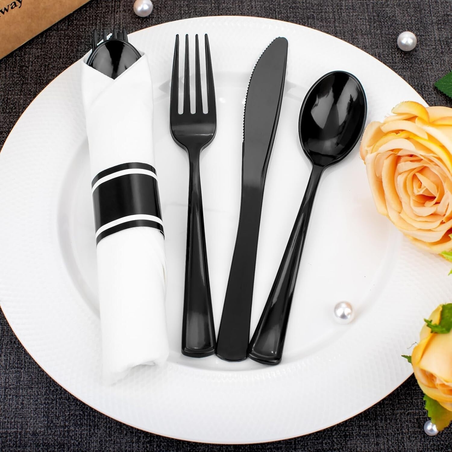 60-Pack Heavy Duty Pre-Wrapped Black Plastic Cutlery with Napkins - Elegant &...