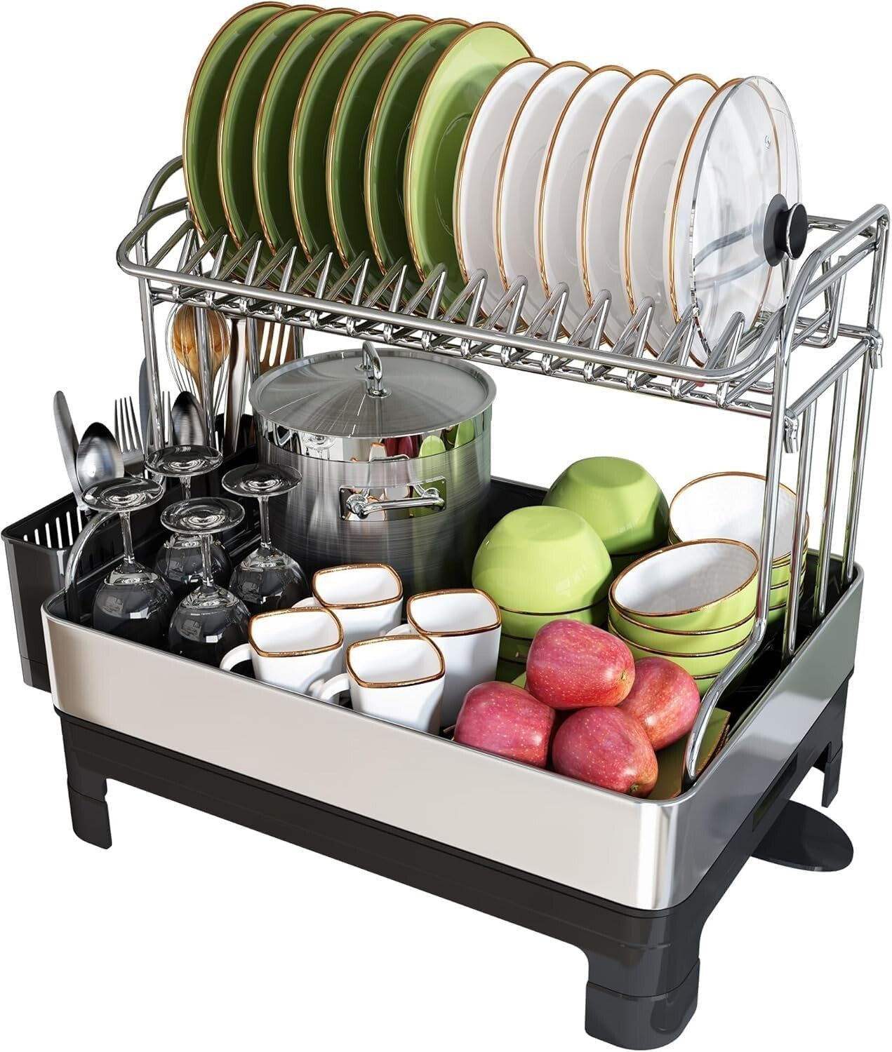 Extra Large Stainless Steel 2-Tier Dish Drying Rack with Utensil Holder, Black