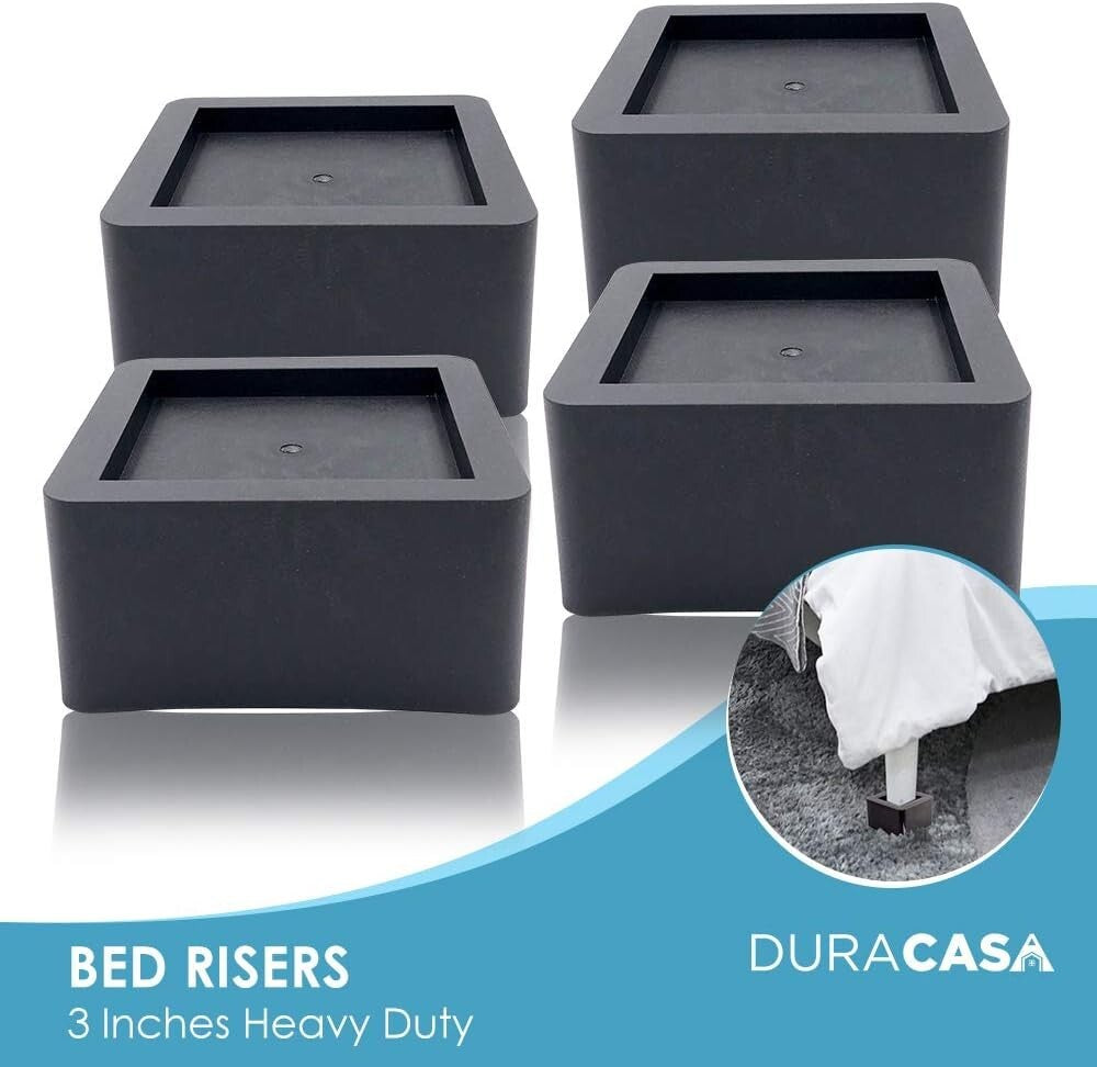 Black Heavy-Duty Bed Risers, 3-Inches of Storage & Support for Any Furniture