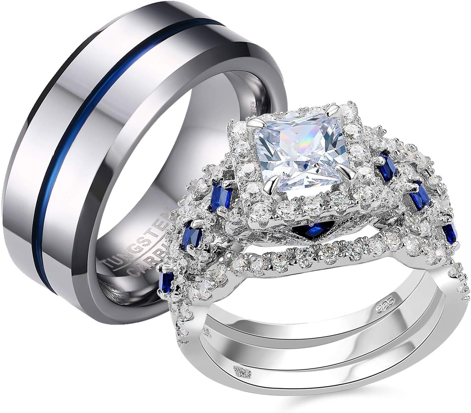 Elegant Wedding Rings Set for Couples - 925 Sterling Silver & Tungsten Bands