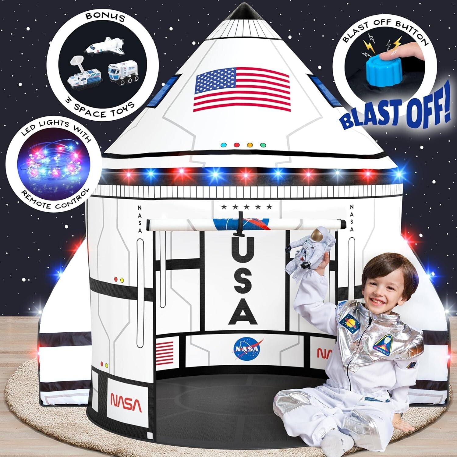 Deluxe Space Explorer Tent - LED Lights, Sounds & 3 Space Toys for Imagination