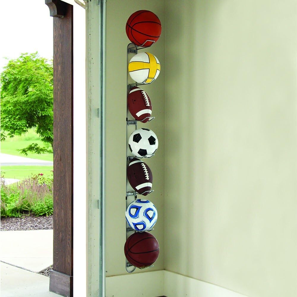 Space-Saving Silver 7-Ball Sports Rack for Efficient Garage Organization