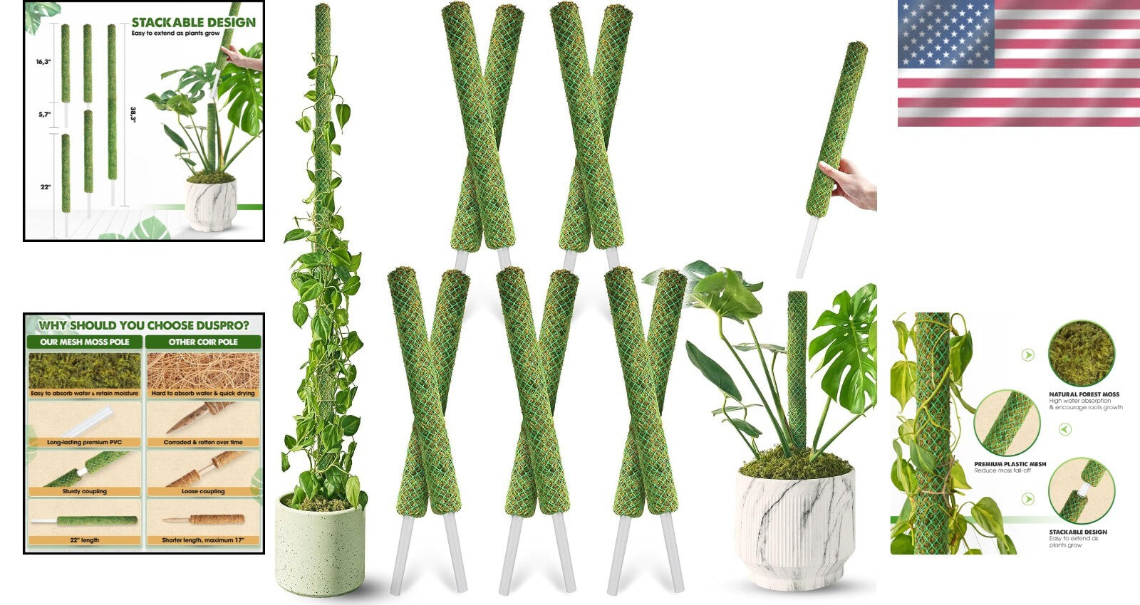 Elegant 22'' Indoor Plant Stakes - Stackable Support Poles for Climbing Plants