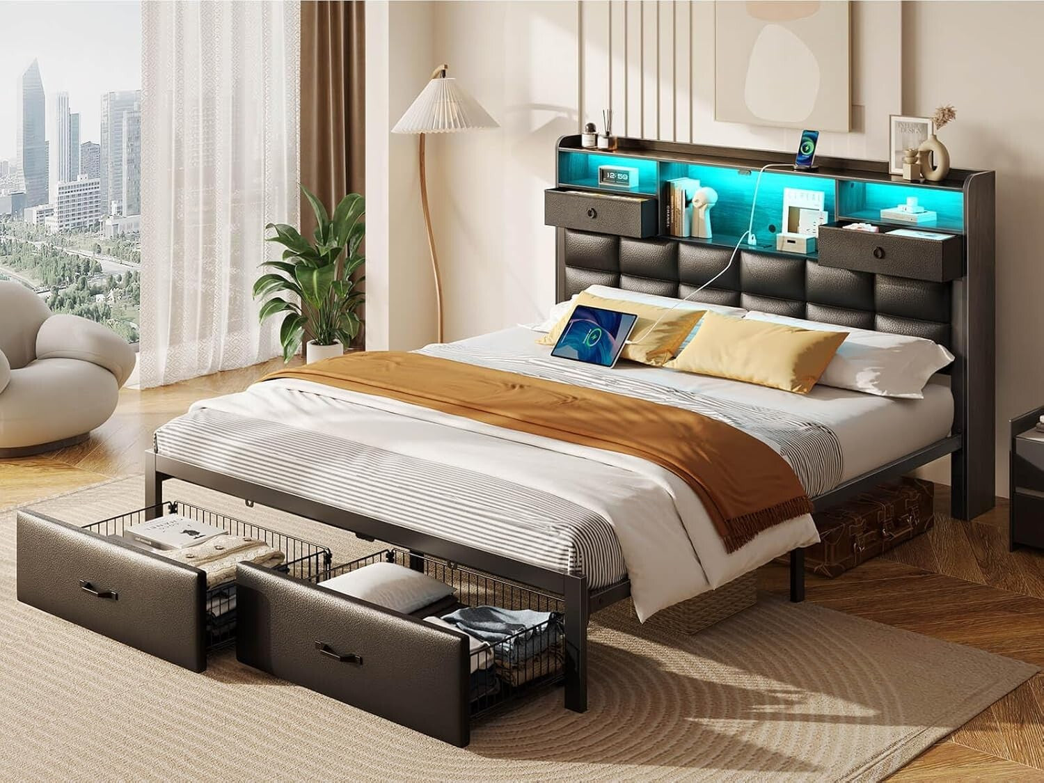 Elegant Full Size Bed Frame with Metal Support, Drawers & USB Charging Station