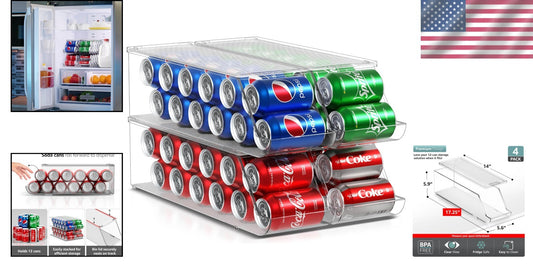 Durable Refrigerator Beverage Organizer - Holds 48 Cans, Dishwasher Safe 4-Pack