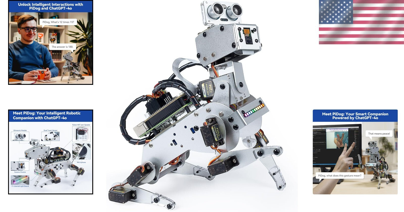 Raspberry Pi AI Robot Dog Kit - 12 Servos, App Control, and Video Recognition