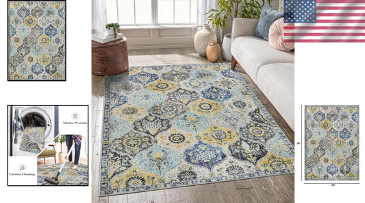 Durable 5x7 Washable Area Rug – Non-Slip Floral Pattern for High Traffic Areas