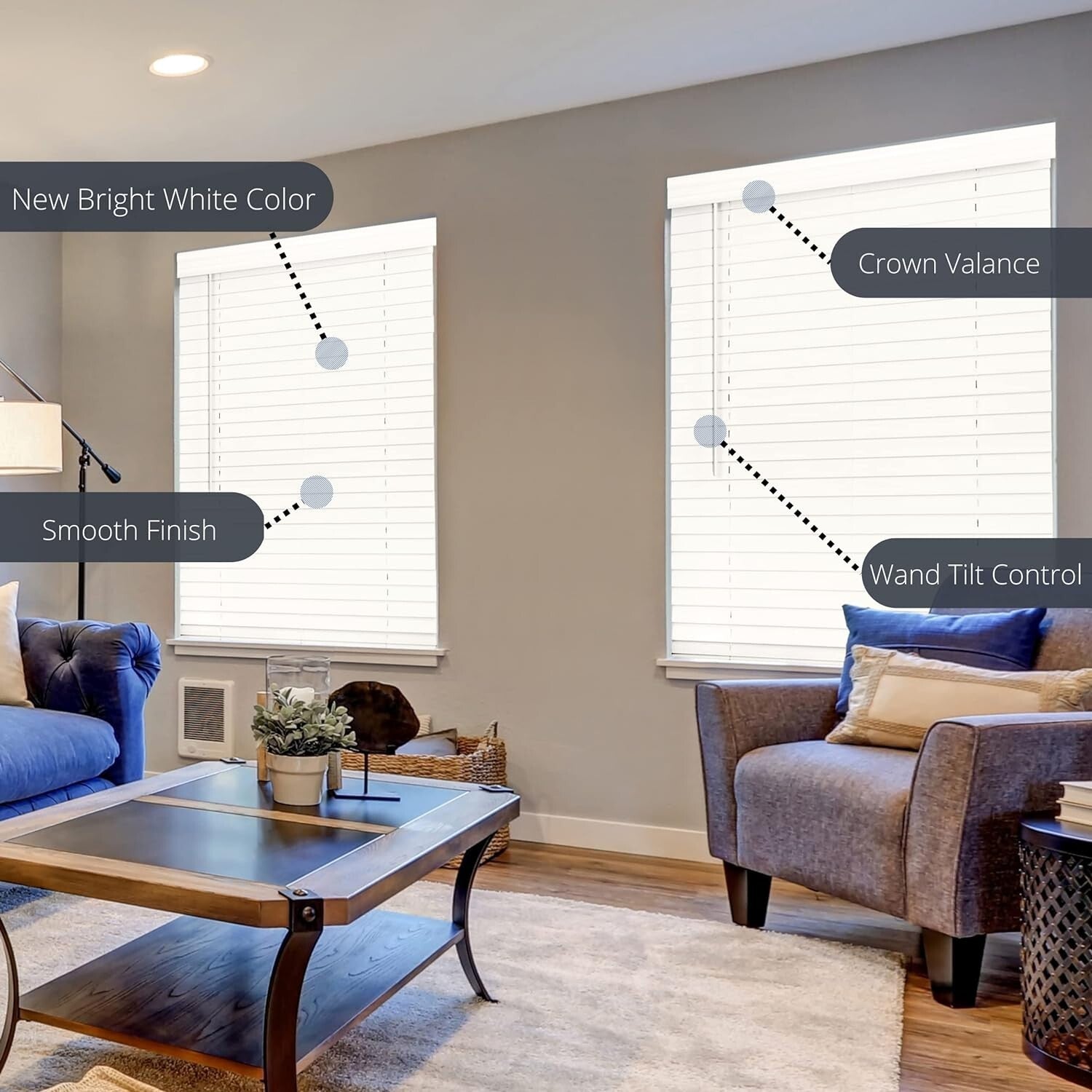 Bright White Cordless Faux Wood Blinds - 2-Inch, 16.5" x 36", Effortless Control