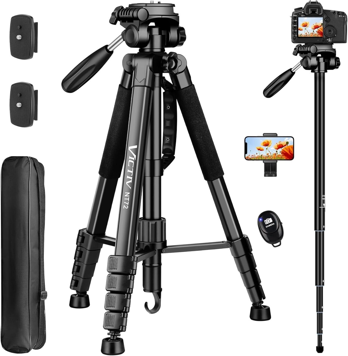360° Panning 72" Tripod: Heavy Duty & Portable Photography Stand for All Cameras