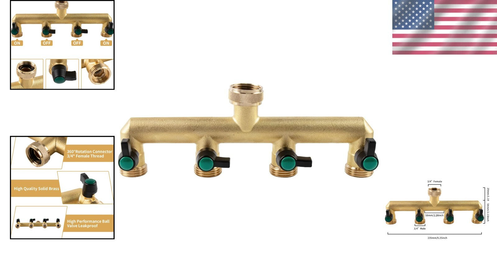 Versatile 4 Way Brass Hose Splitter with Independent Valves for Gardening