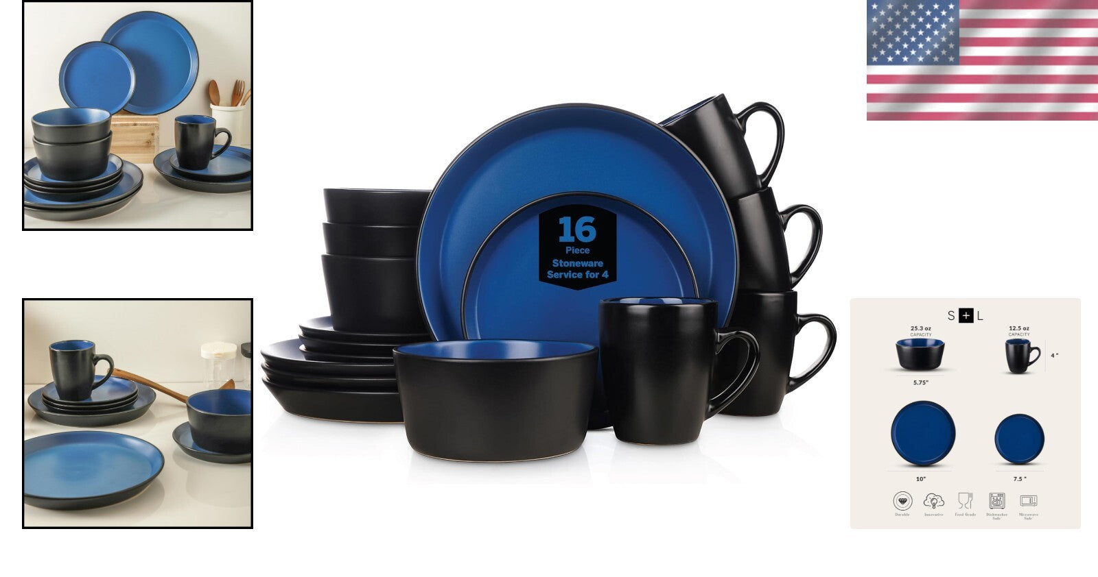 Albie 16-Piece Modern Blue and Black Stoneware Dinnerware for Stylish Dining