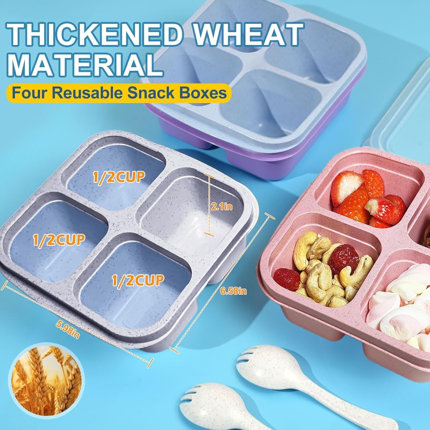 20 Pack BPA Free 4-Compartment Snack Containers - Microwave & Dishwasher Safe