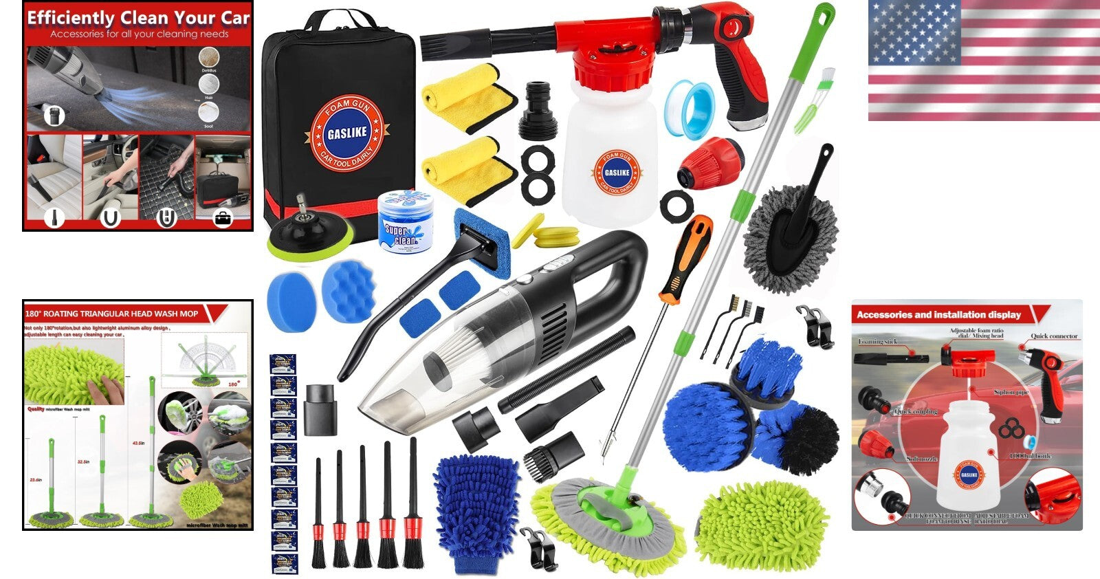 Complete 63-Piece Car Wash Set with Long Handle Brush & Powerful Vacuum Cleaner