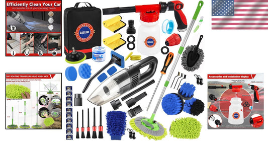 Complete 63-Piece Car Wash Set with Long Handle Brush & Powerful Vacuum Cleaner