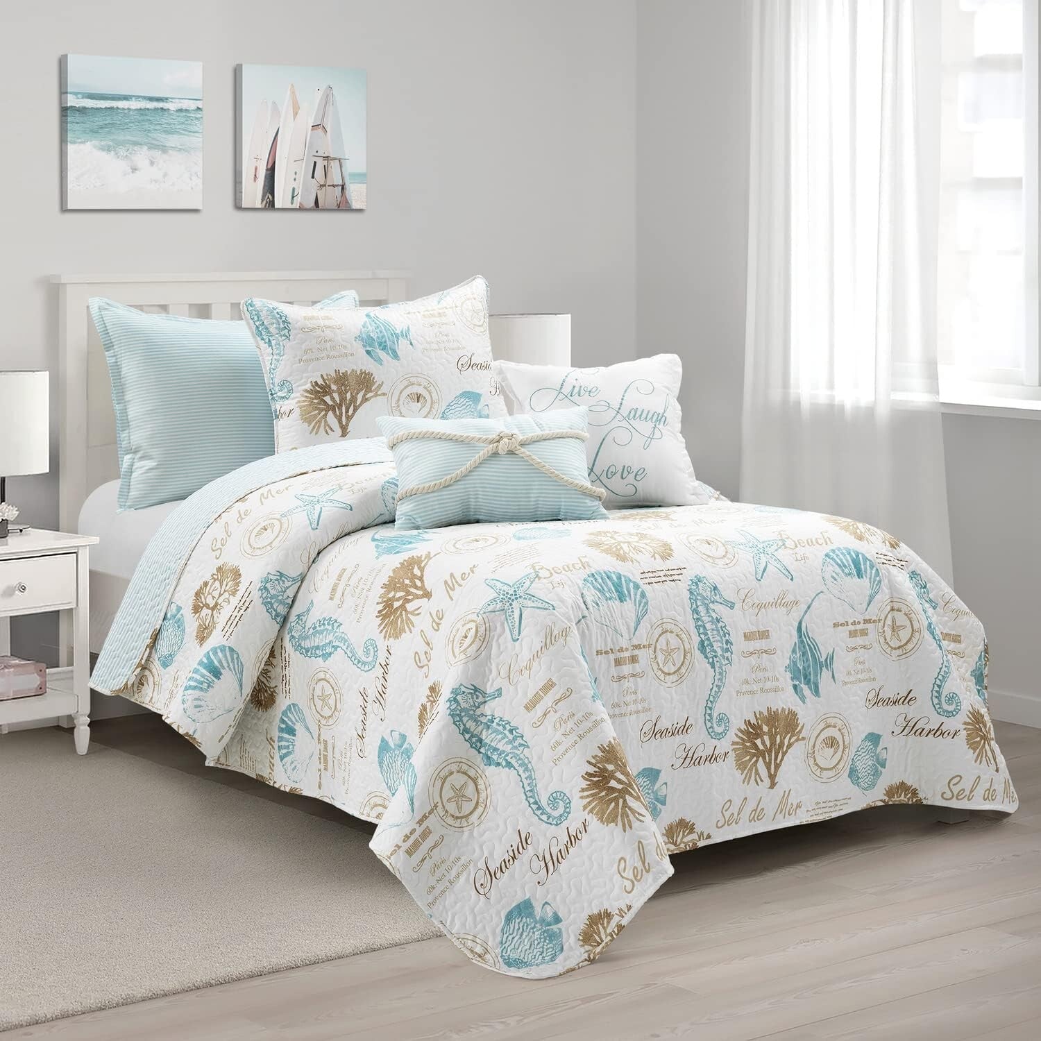 Harbor Life 5-Piece Reversible Coastal Quilt Set - Twin/Twin XL - Beach Theme