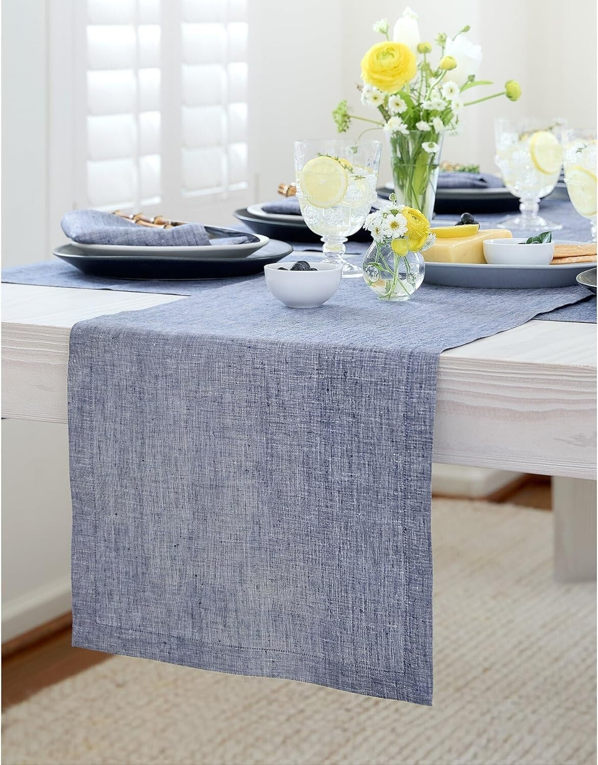 Handcrafted 100% Pure Linen Table Runner - 14 x 108 Inches in Indigo Chambray