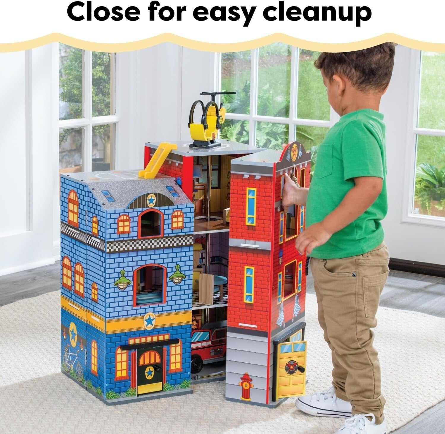 Everyday Heroes 3-Level Wooden Playset with Foldable Design & Firefighter's Pole