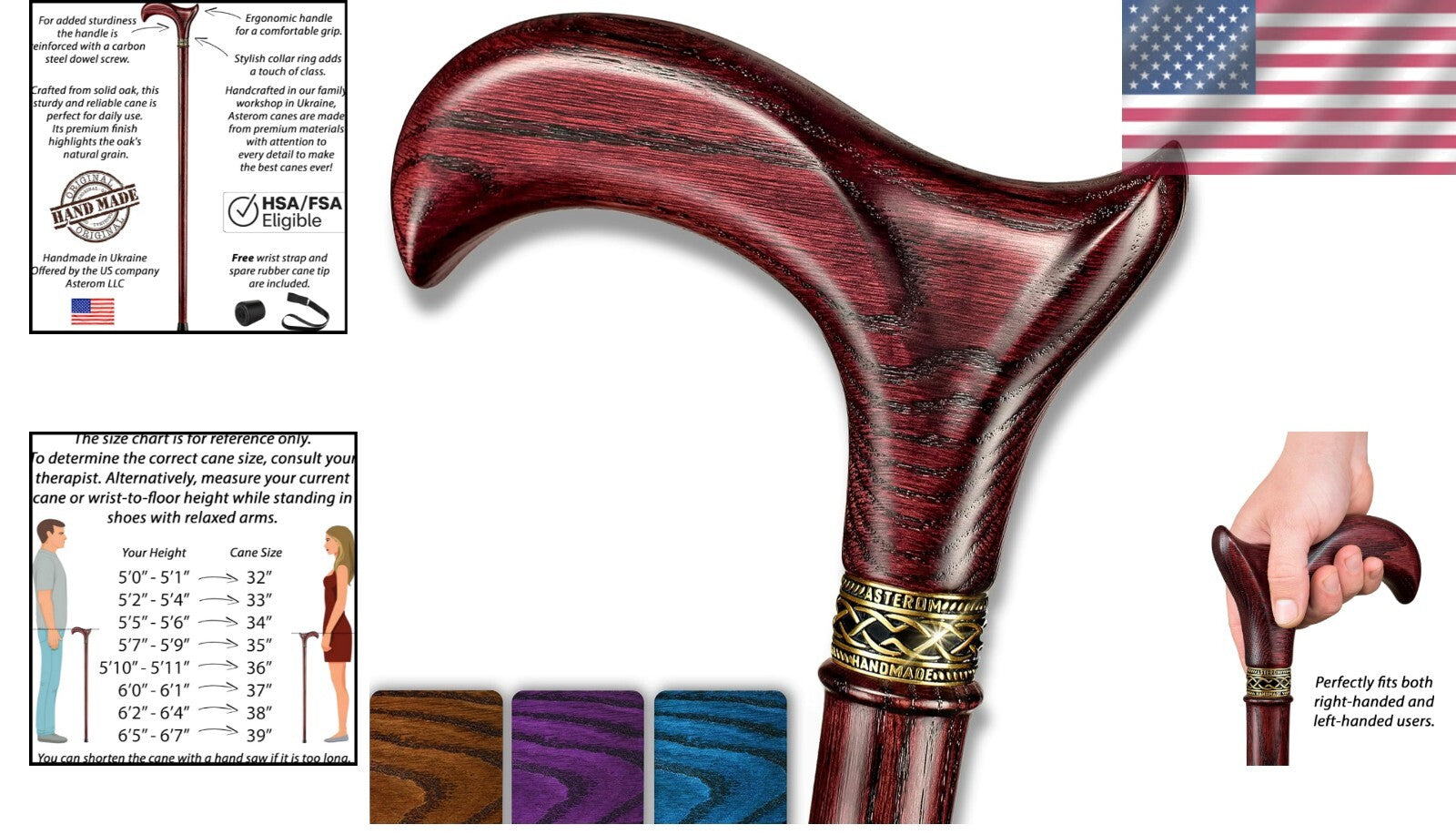 Fashionable Handmade Oak Walking Stick with Ergonomic Grip - 33" Long