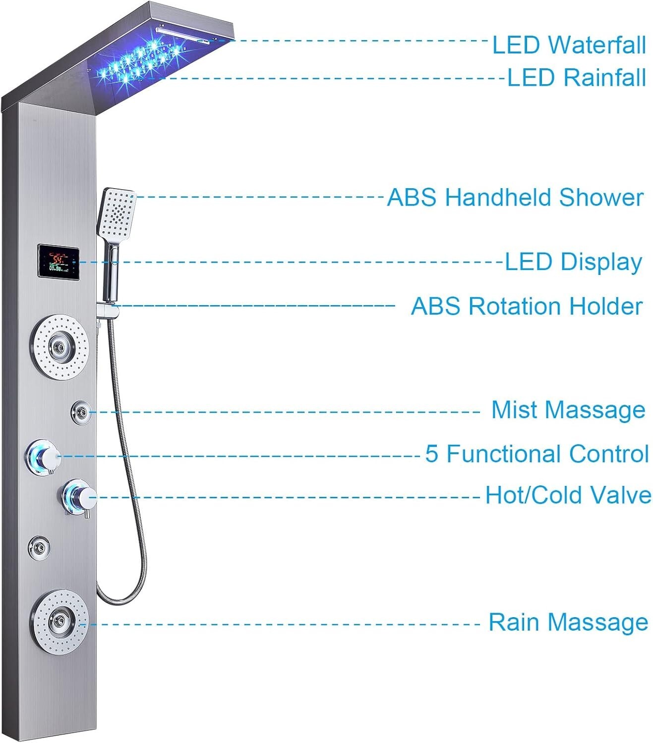 Brushed Nickel Shower Panel with LED Rainfall Design - Multi-Function & Elegant