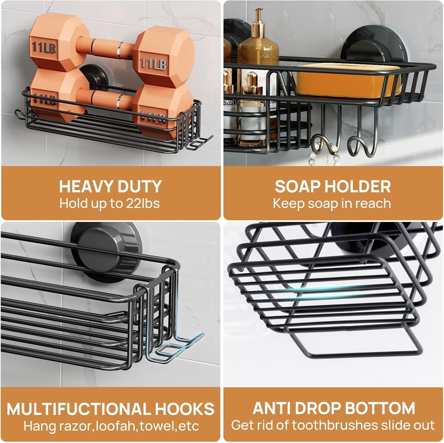 Fast-Drain 22lb Capacity Shower Caddy - Rustproof Suction Cup Storage Solution
