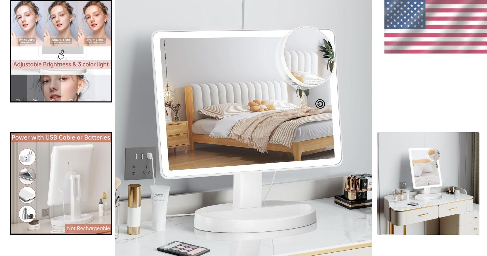 Large Lighted Vanity Makeup Mirror 10X Magnification with 360-Degree Rotation