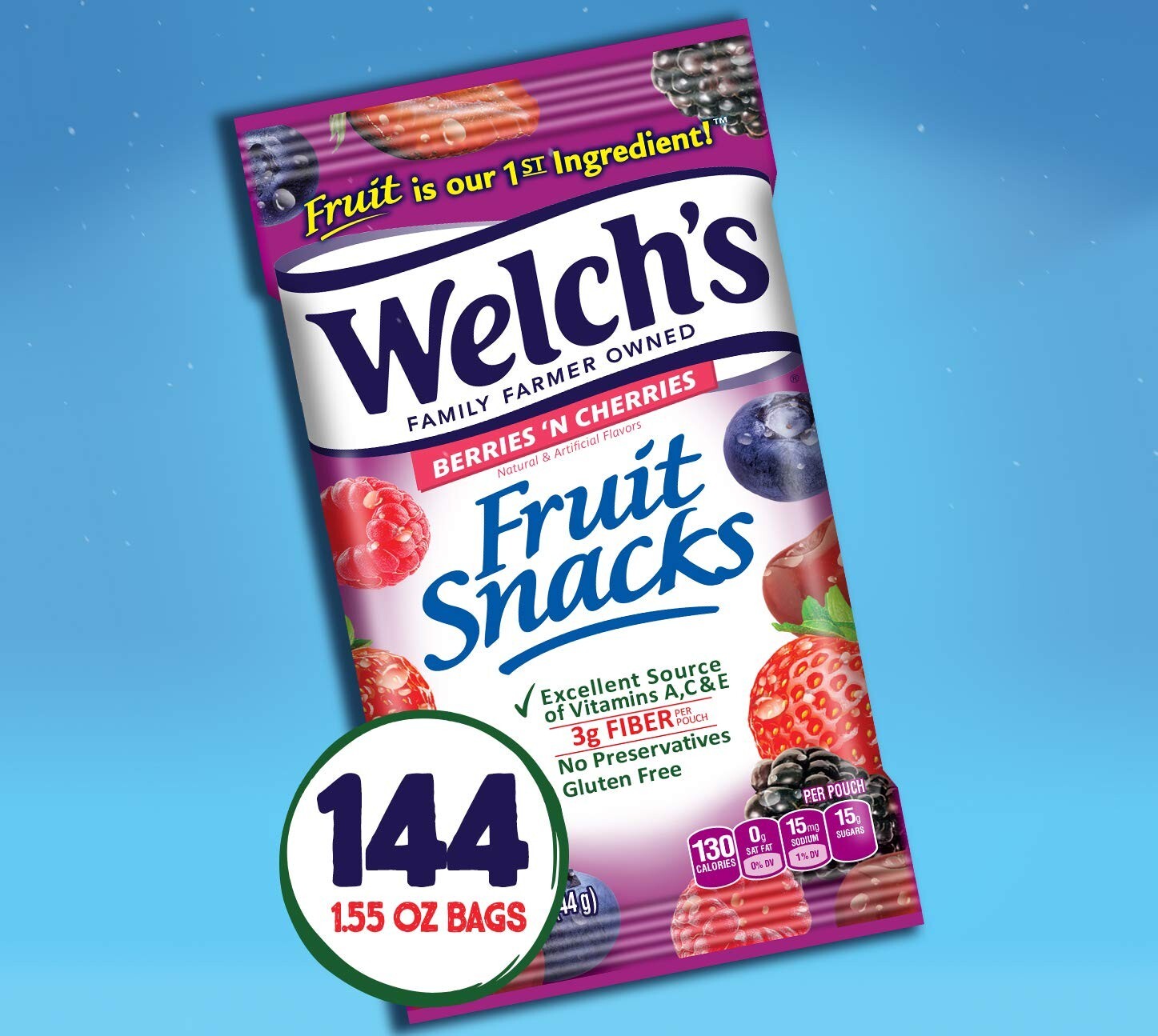 Bulk Pack of 144 Welch's Fruit Snacks, Berries 'n Cherries - Real Fruit Goodness