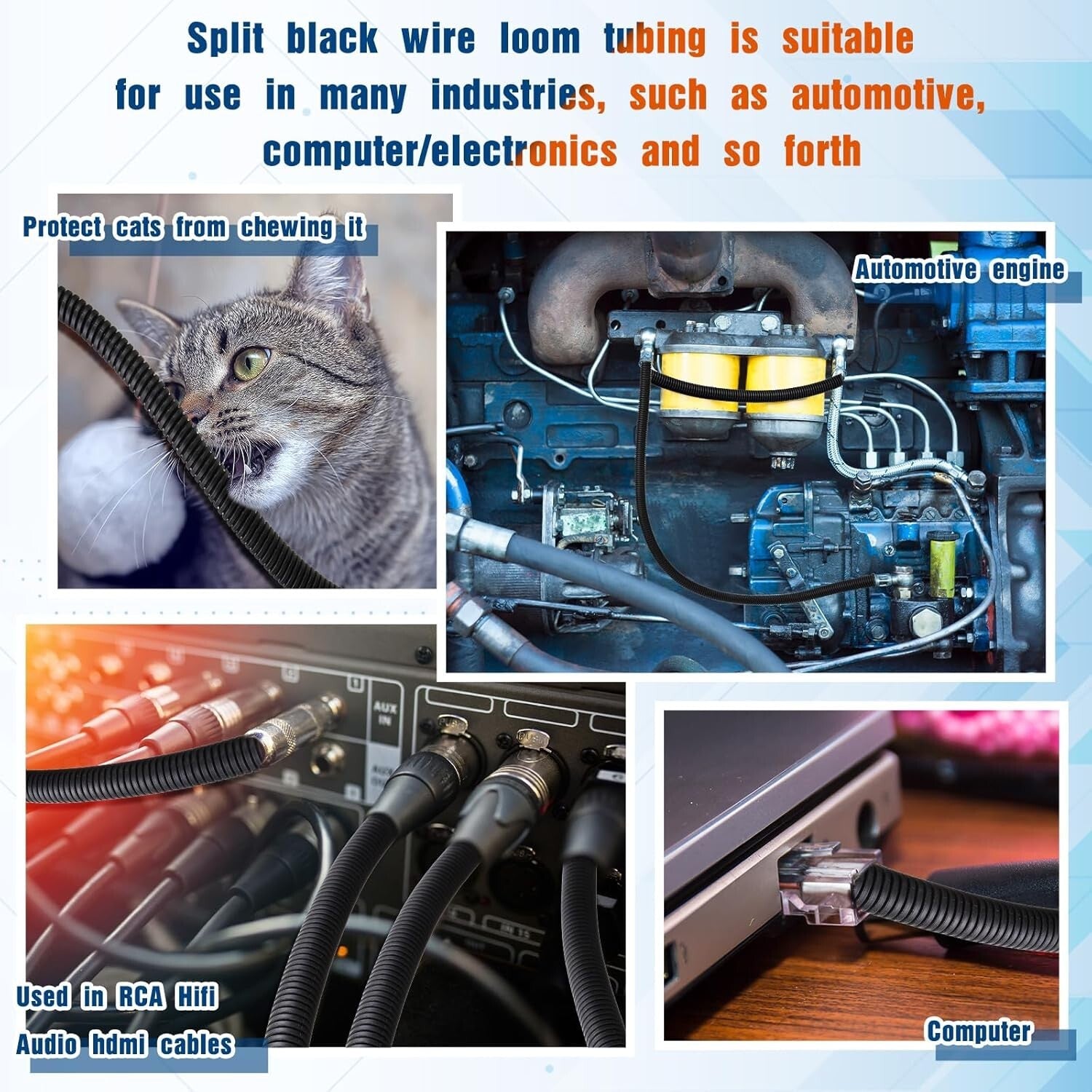 Flexible Black Split Cable Sleeves - 1/4, 1/2, 3/8 x 150 Ft for Wire Management