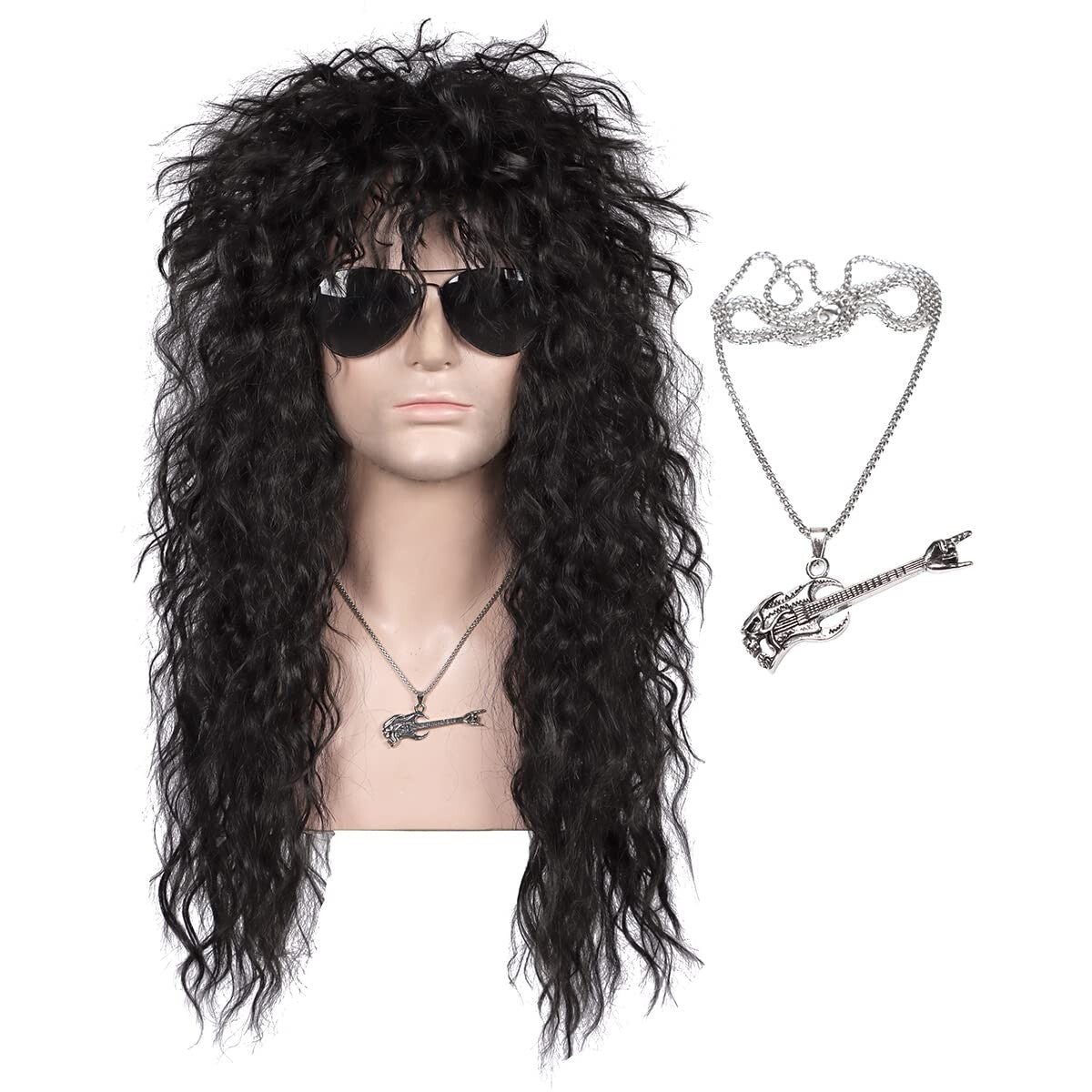 Adjustable Long Black Wig with Necklace - Perfect for 80s Cosplay & Fashion