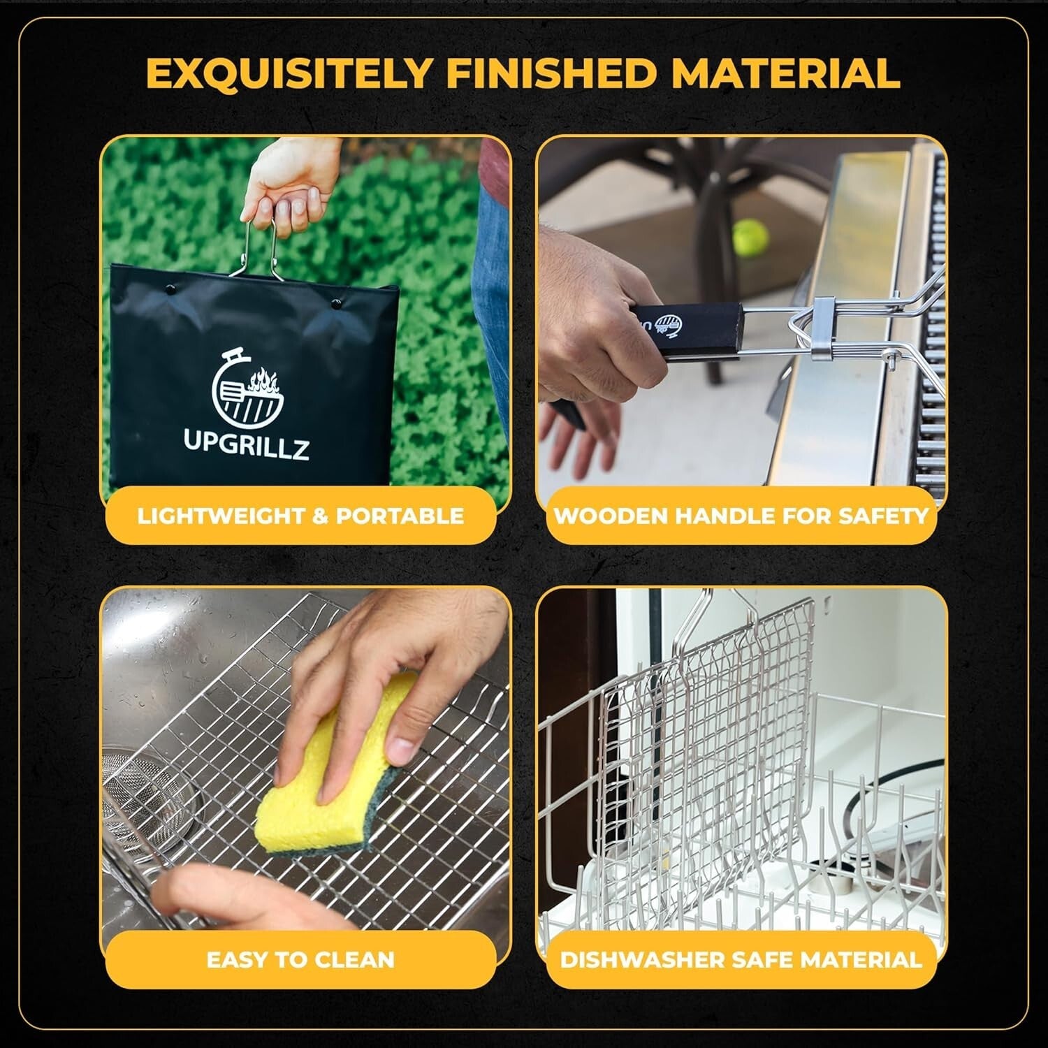 Rustproof Stainless Steel Fish Grilling Basket with Skewers & Basting Brush Pack