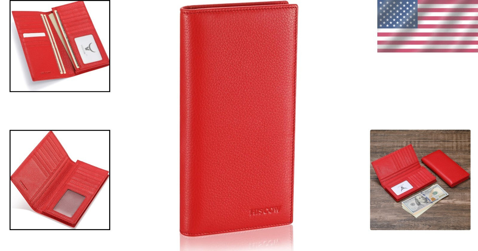Luxury Bifold Wallet in Pebbled Red Italian Calfskin with 15 Card Slots