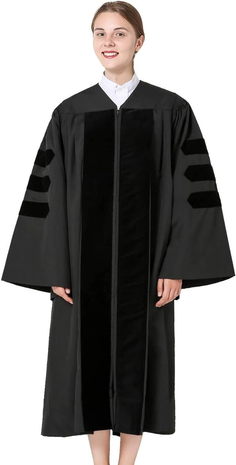 Customizable Women's Doctoral Gown with Velvet Bars - Elegant Graduation Attire